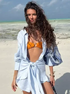 Robe-chemise en pur coton pour femme - Ensemble 2 pièces cache-c艙ur à nouer sur le devant - Vacances d'été à la plage 2026