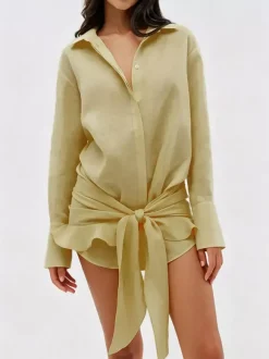 Robe-chemise en pur coton pour femme - Ensemble 2 pièces cache-c艙ur à nouer sur le devant - Vacances d'été à la plage 2026
