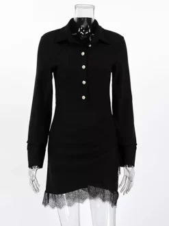 Robe-chemise froncée pour femme mini-robe chic - Ourlet en dentelle noire manches longues coupe moulante - Idéale pour le printemps du bureau au dîner (2026)