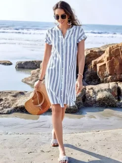 Robe-chemise à rayures verticales pour femme - Robe midi boutonnée à manches courtes - Vacances d'été à la plage 2026