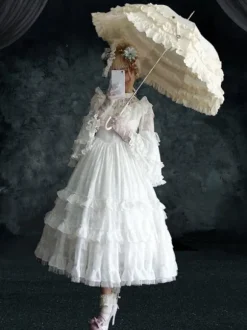 Robe classique Lolita OP Ensemble de 4 pièces à volants blancs à manches longues Sweet Lolita Robes une pièce