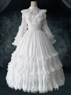 Robe classique Lolita OP Ensemble de 4 pièces à volants blancs à manches longues Sweet Lolita Robes une pièce