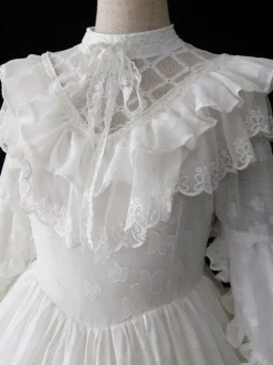Robe classique Lolita OP Ensemble de 4 pièces à volants blancs à manches longues Sweet Lolita Robes une pièce