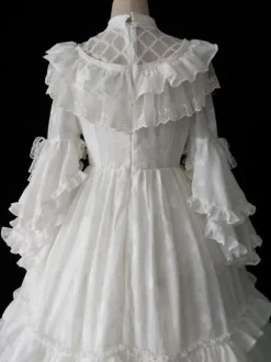 Robe classique Lolita OP Ensemble de 4 pièces à volants blancs à manches longues Sweet Lolita Robes une pièce