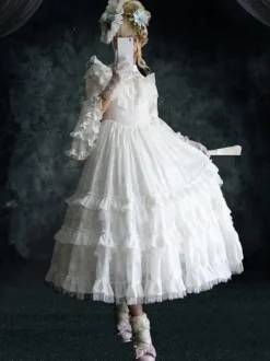 Robe classique Lolita OP Ensemble de 4 pièces à volants blancs à manches longues Sweet Lolita Robes une pièce