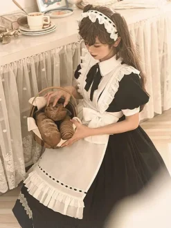 Robe Classique Lolita OP 2 Pièces Robe Noire Bonne Blanc Noir Volants Robe Vintage
