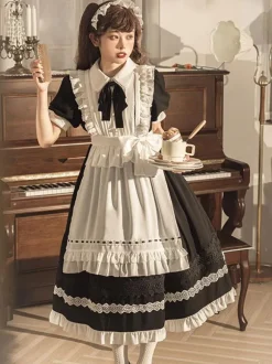 Robe Classique Lolita OP 2 Pièces Robe Noire Bonne Blanc Noir Volants Robe Vintage
