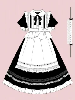 Robe Classique Lolita OP 2 Pièces Robe Noire Bonne Blanc Noir Volants Robe Vintage