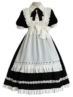 Robe Classique Lolita OP 2 Pièces Robe Noire Bonne Blanc Noir Volants Robe Vintage