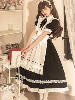 Robe Classique Lolita OP 2 Pièces Robe Noire Bonne Blanc Noir Volants Robe Vintage