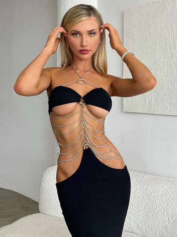 Robe Club Sans Bretelles Chaînes Sexy Sans Manches Dos Nu Robe Sexy Noire