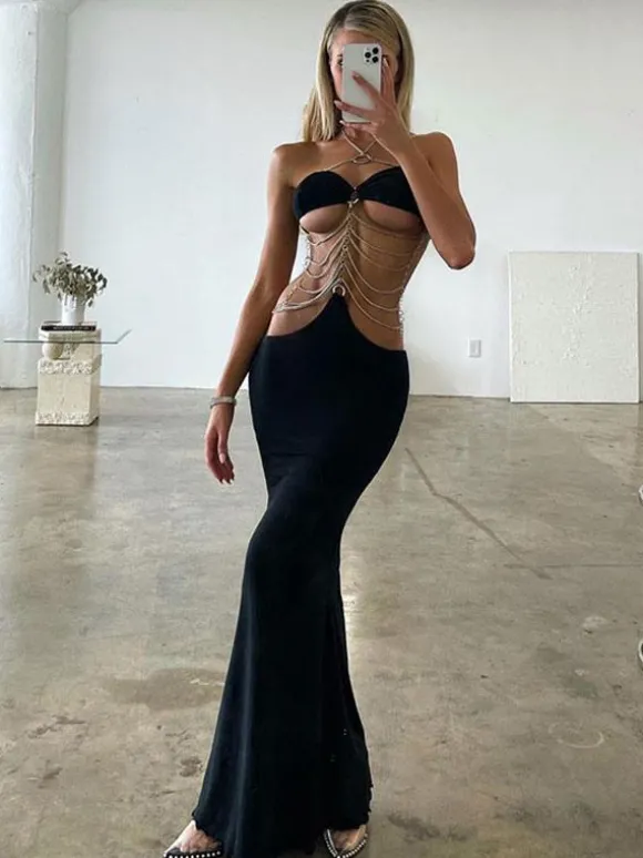 Robe Club Sans Bretelles Chaînes Sexy Sans Manches Dos Nu Robe Sexy Noire