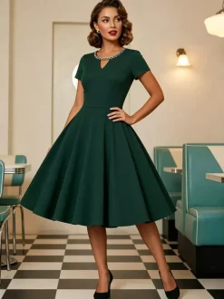 Robe cocktail swing vintage années 1950 manches courtes style rétro femme