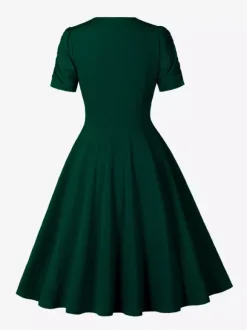 Robe cocktail trapèze à manches courtes et col en V froncé pour femme 2026