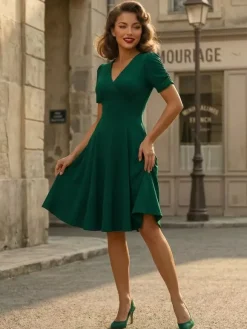 Robe cocktail trapèze à manches courtes et col en V froncé pour femme 2026