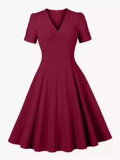 Robe cocktail trapèze à manches courtes et col en V froncé pour femme 2026
