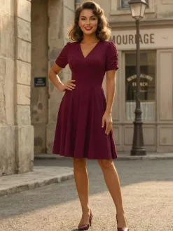 Robe cocktail trapèze à manches courtes et col en V froncé pour femme 2026