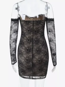 Robe corset en dentelle pour femme - Robe moulante mini noire à épaules dénudées et manches longues - Tenue de soirée printanière 2026