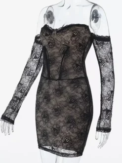 Robe corset en dentelle pour femme - Robe moulante mini noire à épaules dénudées et manches longues - Tenue de soirée printanière 2026