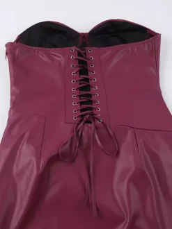 Robe corset en similicuir pour femme - Robe longue bordeaux gothique à lacets et fronces au dos - Tenues de soirée estivales 2026