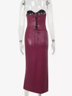 Robe corset en similicuir pour femme - Robe longue bordeaux gothique à lacets et fronces au dos - Tenues de soirée estivales 2026