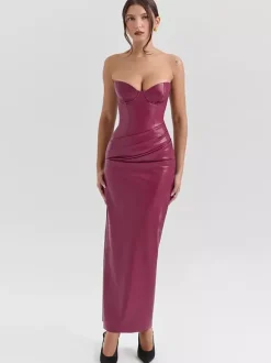 Robe corset en similicuir pour femme - Robe longue bordeaux gothique à lacets et fronces au dos - Tenues de soirée estivales 2026