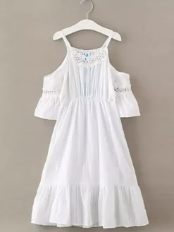 Robe cortège enfant boho robe cérémonie enfant Polyester Découpe Décolleté conçu Manches courtes Blanc