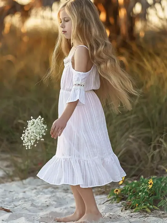 Robe cortège enfant boho robe cérémonie enfant Polyester Découpe Décolleté conçu Manches courtes Blanc