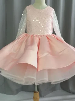 Robe cortège enfant princesse col rond dos en V manche longue à pailleté