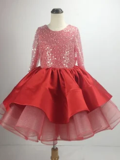 Robe cortège enfant princesse col rond dos en V manche longue à pailleté