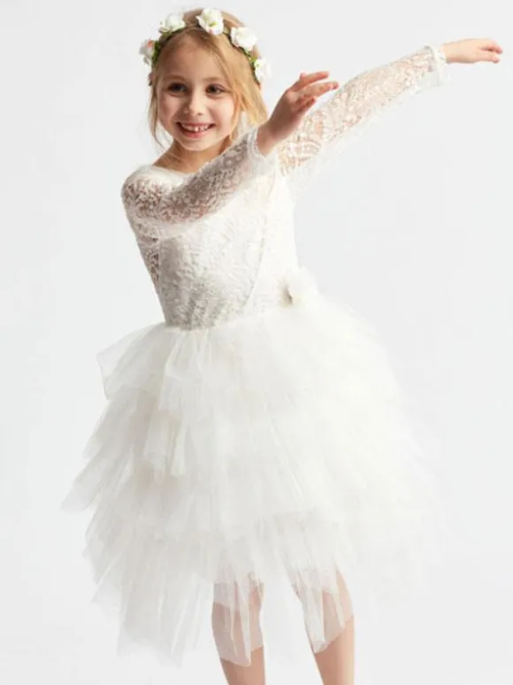 Robe cortège enfant Robe baptême fille col rond manche longue dos V