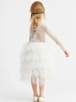 Robe cortège enfant Robe baptême fille col rond manche longue dos V