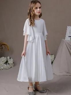 Robe cortège enfant robe cérémonie fille col rond manche courte zip sur dos