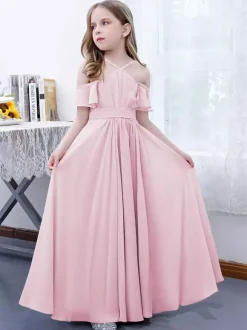 Robe cortège enfant robe cérémonie fille à bretelle zip sur dos jupe plissée