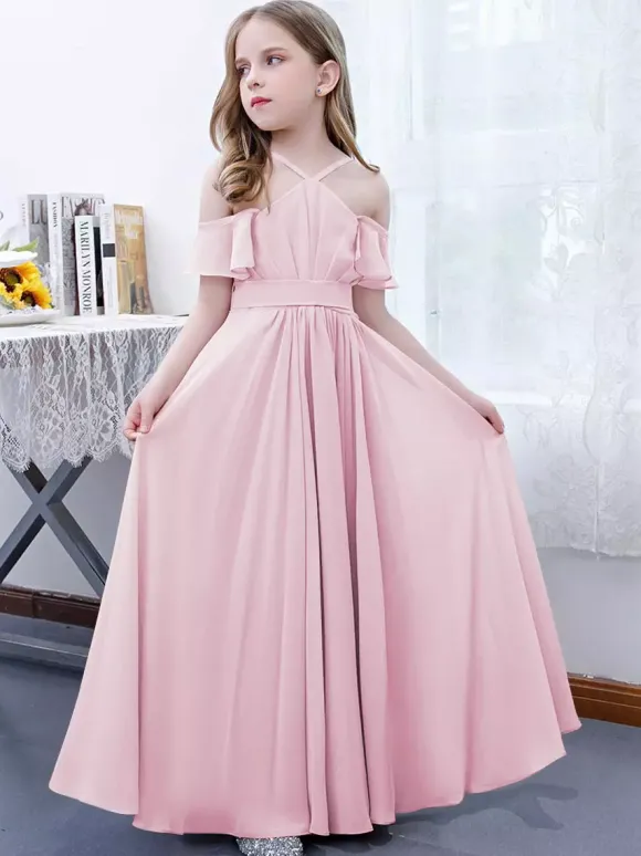 Robe cortège enfant robe cérémonie fille à bretelle zip sur dos jupe plissée