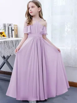 Robe cortège enfant robe cérémonie fille à bretelle zip sur dos jupe plissée