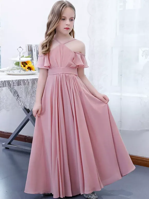 Robe cortège enfant robe cérémonie fille à bretelle zip sur dos jupe plissée
