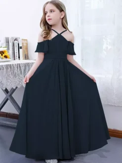 Robe cortège enfant robe cérémonie fille à bretelle zip sur dos jupe plissée