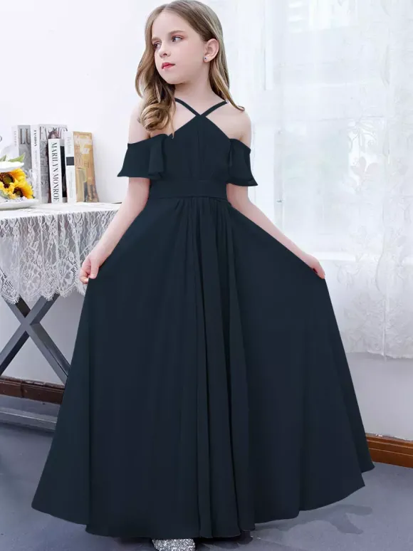 Robe cortège enfant robe cérémonie fille à bretelle zip sur dos jupe plissée