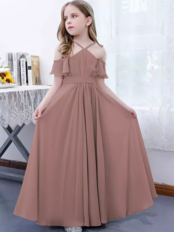 Robe cortège enfant robe cérémonie fille à bretelle zip sur dos jupe plissée