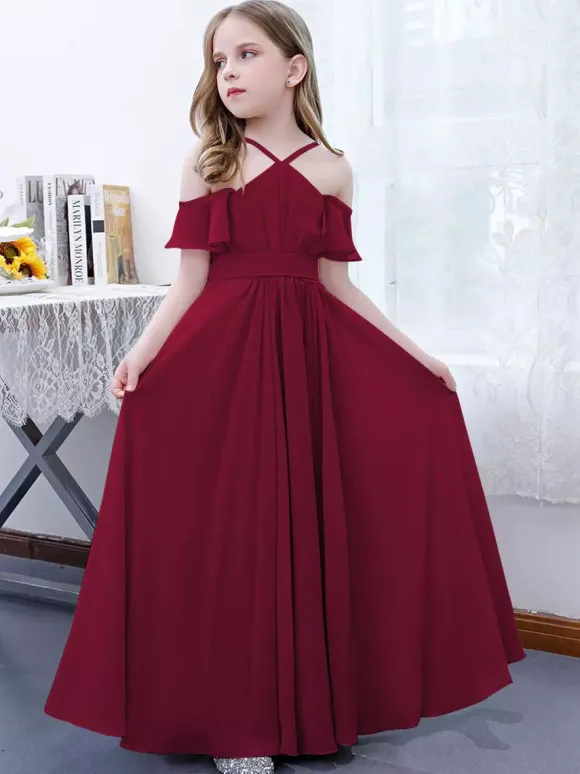 Robe cortège enfant robe cérémonie fille à bretelle zip sur dos jupe plissée