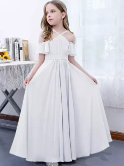 Robe cortège enfant robe cérémonie fille à bretelle zip sur dos jupe plissée