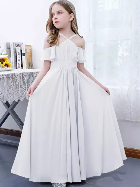 Robe cortège enfant robe cérémonie fille à bretelle zip sur dos jupe plissée