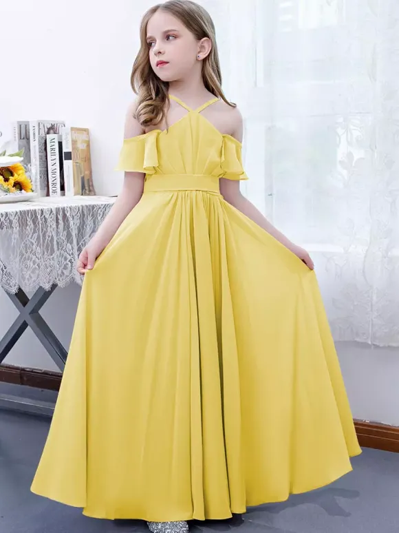 Robe cortège enfant robe cérémonie fille à bretelle zip sur dos jupe plissée