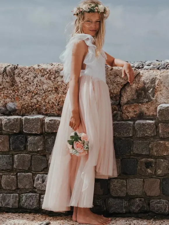 Robe cortège enfant robe de fille de fleur en tulle col rond dos nu