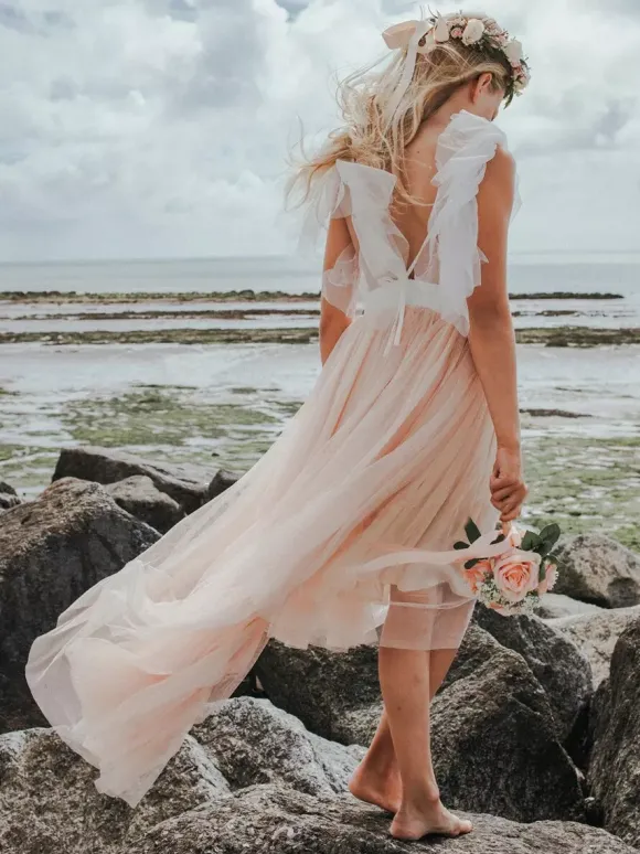 Robe cortège enfant robe de fille de fleur en tulle col rond dos nu
