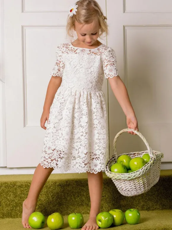 Robe cortège enfant robe de fille de fleur bohème en dentelle col v manche courte