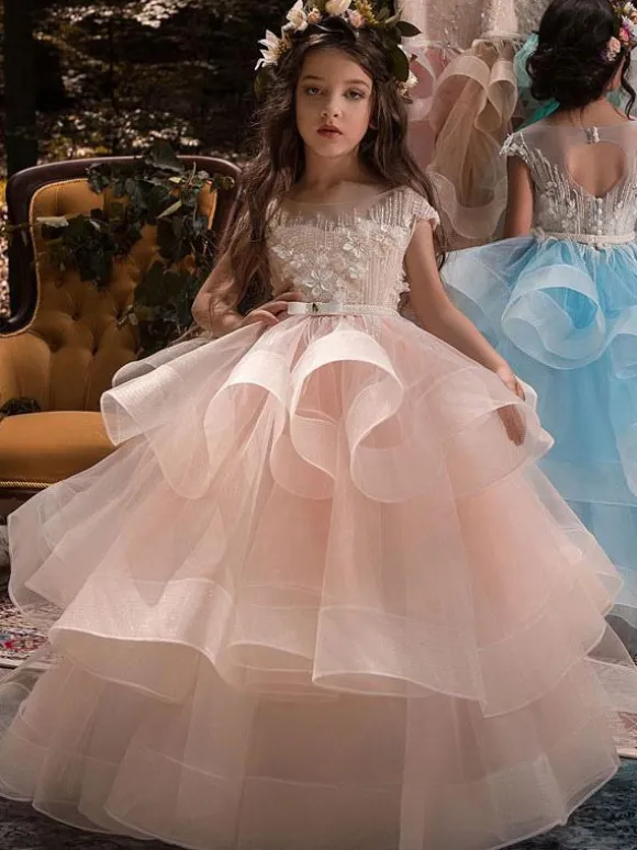 Robe cortège enfant robe princesse rose en tulle col rond en dentelle structurée Robe fille de fleur