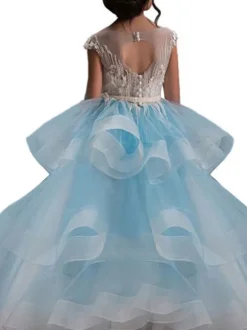 Robe cortège enfant robe princesse rose en tulle col rond en dentelle structurée Robe fille de fleur