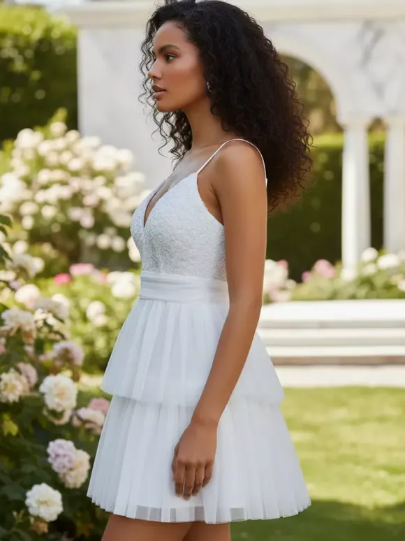 Robe courte blanche à col en V et fleurs pour soirée 2026